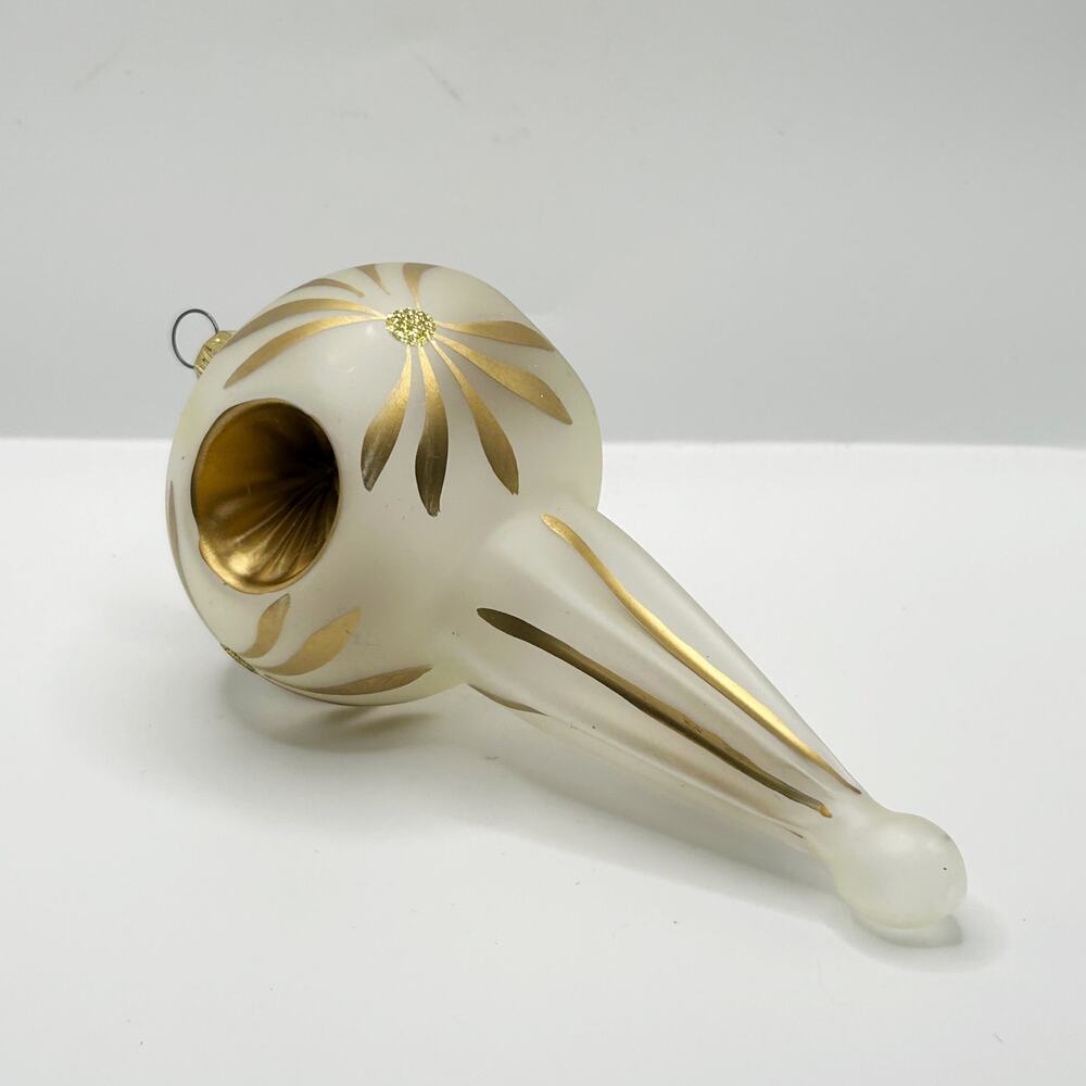 VTG Hand Painted White/Gold Blown Glass Reflector Icicle X-Mas Ornament Germany